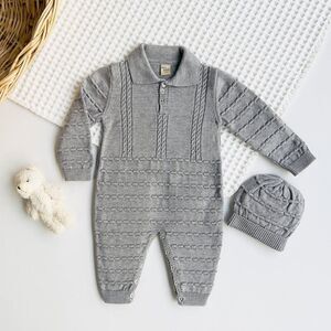 Baby Knit Jumpsuit with Applique and Beanie Jumper | 100% Cotton Fall Winter Out